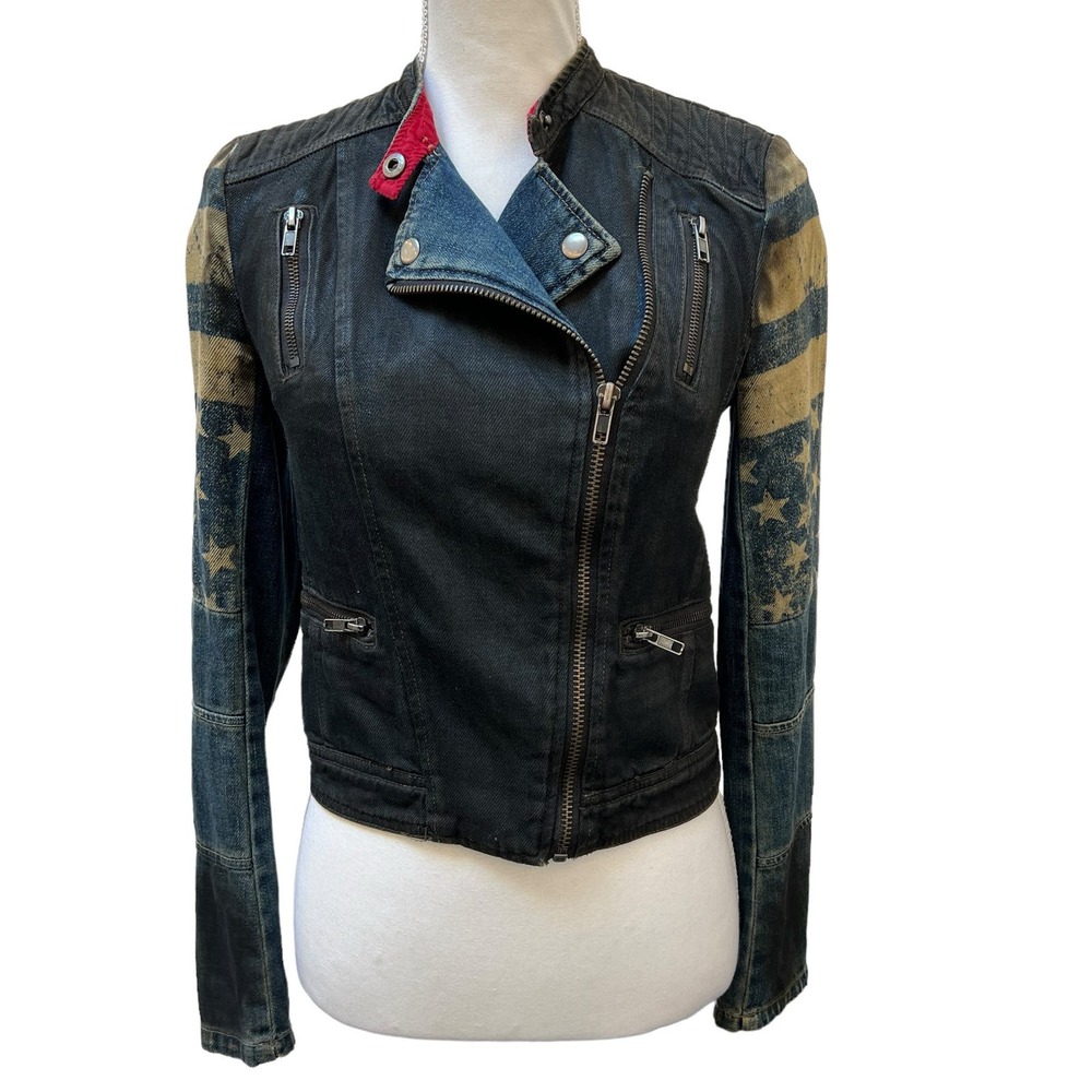 Free People Black Denim Jacket with Blue and Tan Accents